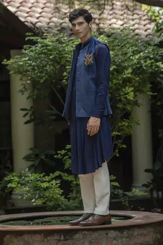 Blue embroidered velvet kurta jacket set