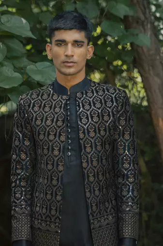 Black embroidered velvet kurta jacket set