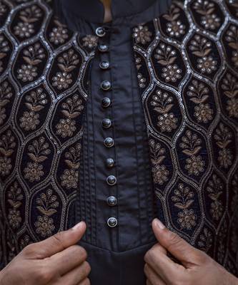 Black embroidered velvet kurta jacket set 3
