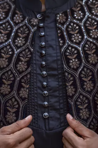 Black embroidered velvet kurta jacket set