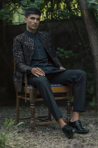 Black embroidered velvet kurta jacket set
