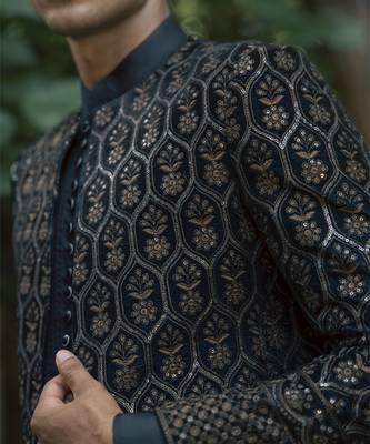 Black embroidered velvet kurta jacket set 5