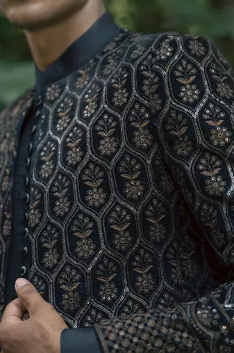 Black embroidered velvet kurta jacket set