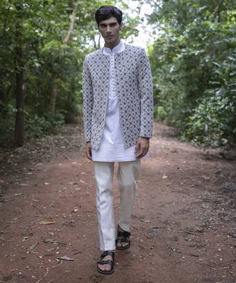 White embroidered velvet kurta jacket set 1