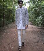 White embroidered velvet kurta jacket set