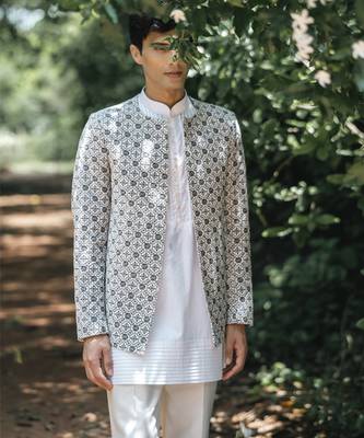 White embroidered velvet kurta jacket set 2