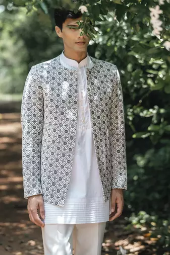 White embroidered velvet kurta jacket set