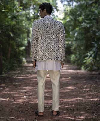 White embroidered velvet kurta jacket set 3
