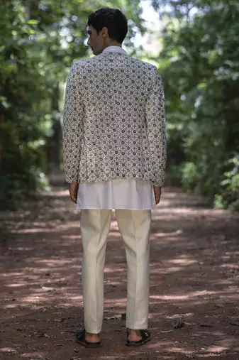 White embroidered velvet kurta jacket set