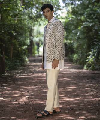 White embroidered velvet kurta jacket set 4
