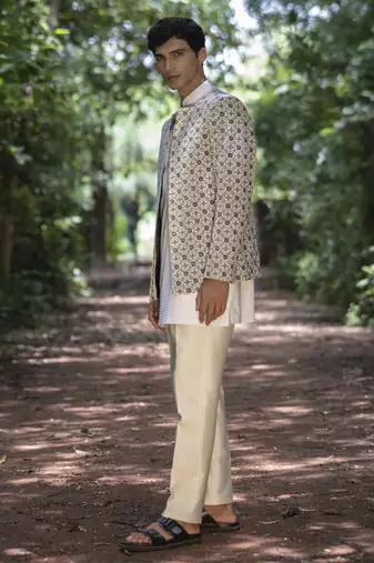 White embroidered velvet kurta jacket set