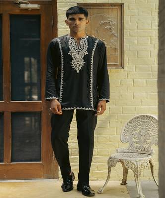 Black embroidered cotton kurta jacket set 1