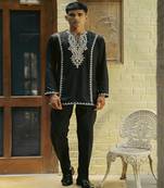 Black embroidered cotton kurta jacket set