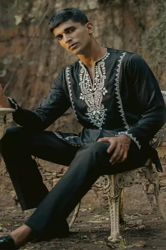 Black embroidered cotton kurta jacket set