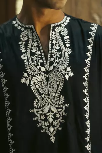 Black embroidered cotton kurta jacket set