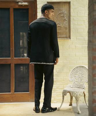 Black embroidered cotton kurta jacket set 4