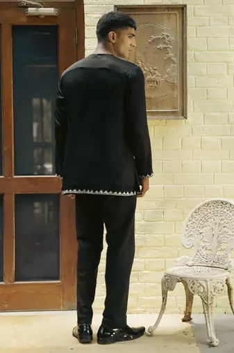 Black embroidered cotton kurta jacket set