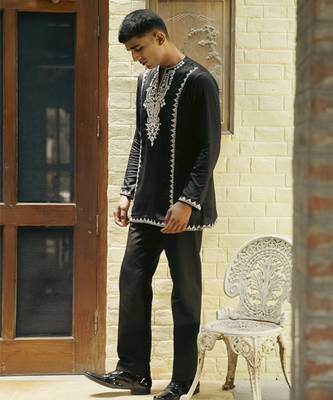 Black embroidered cotton kurta jacket set 5