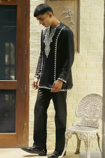 Black embroidered cotton kurta jacket set