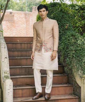 Beige embroidered silk kurta jacket set 1