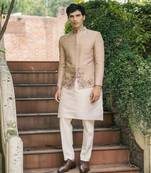 Beige embroidered silk kurta jacket set