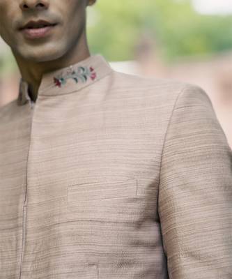 Beige embroidered silk kurta jacket set 2