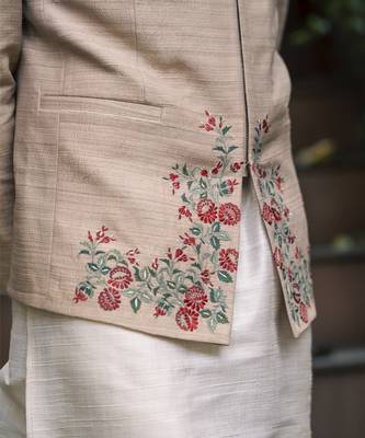 Beige embroidered silk kurta jacket set 3