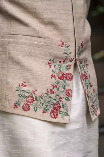 Beige embroidered silk kurta jacket set