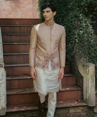 Beige embroidered silk kurta jacket set 4