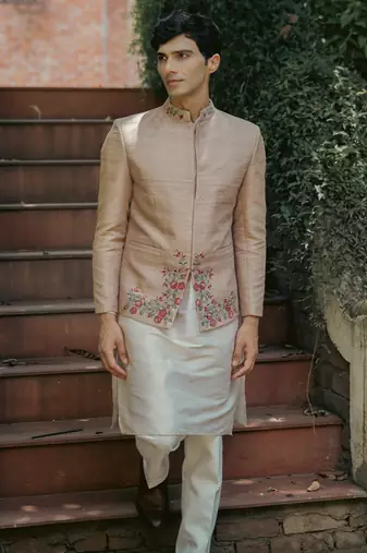Beige embroidered silk kurta jacket set