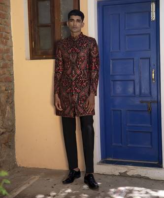 Red embroidered cotton poly achkan 1