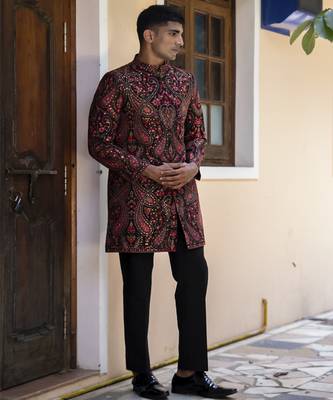 Red embroidered cotton poly achkan 2