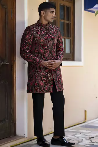 Red embroidered cotton poly achkan