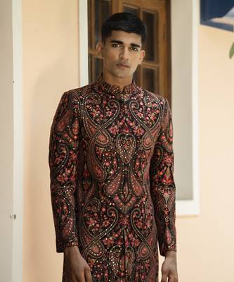Red embroidered cotton poly achkan 3