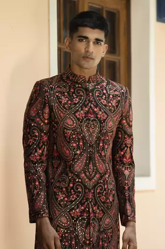 Red embroidered cotton poly achkan
