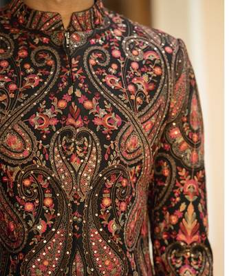 Red embroidered cotton poly achkan 4