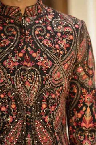 Red embroidered cotton poly achkan