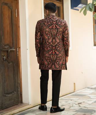 Red embroidered cotton poly achkan 5