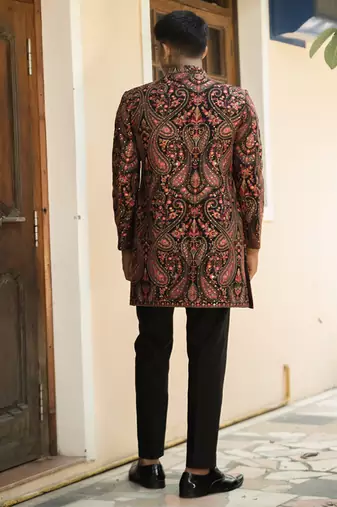 Red embroidered cotton poly achkan
