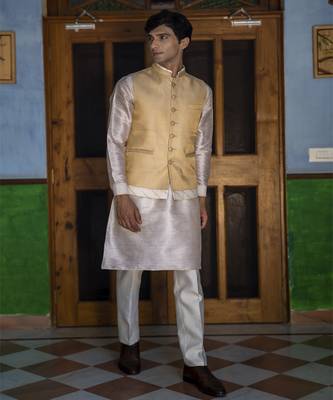 Beige embroidered silk kurta jacket set 1