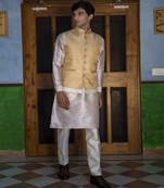 Beige embroidered silk kurta jacket set