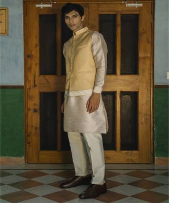 Beige embroidered silk kurta jacket set 2
