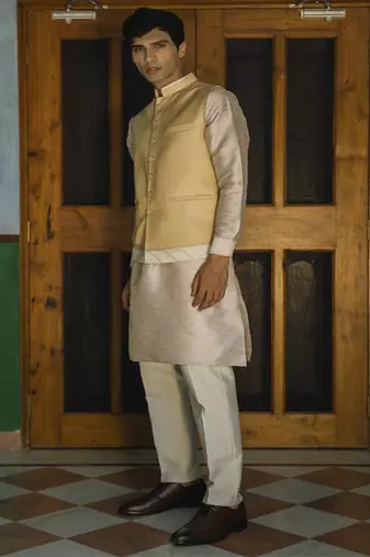 Beige embroidered silk kurta jacket set