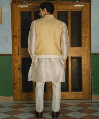 Beige embroidered silk kurta jacket set 3