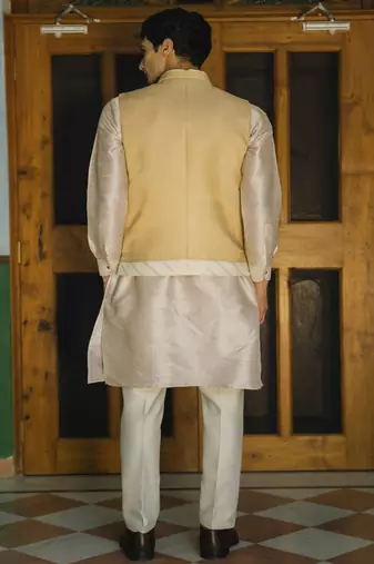 Beige embroidered silk kurta jacket set