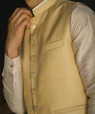 Beige embroidered silk kurta jacket set 4