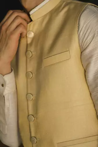 Beige embroidered silk kurta jacket set
