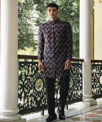 Black embroidered cotton poly achkan 1