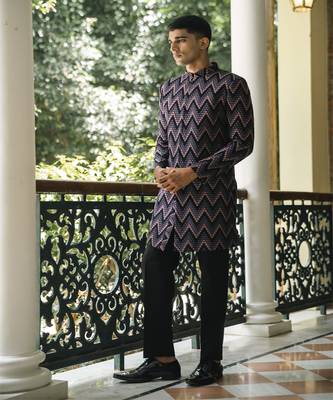 Black embroidered cotton poly achkan 2