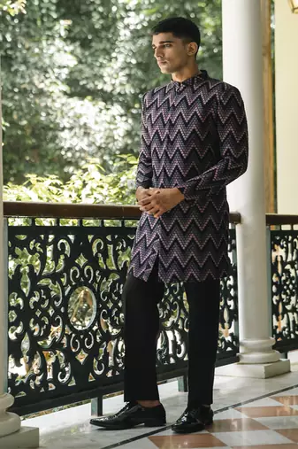 Black embroidered cotton poly achkan